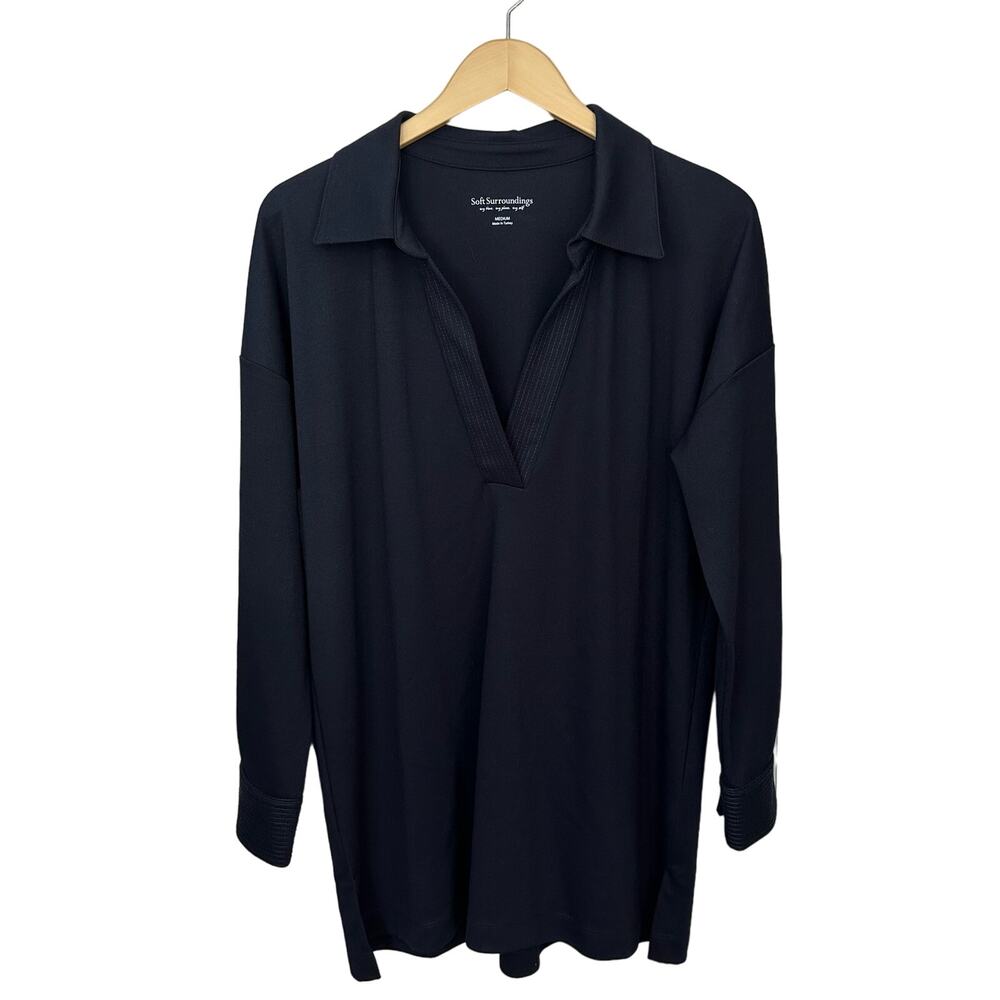 Soft Surroundings Dark Navy Blue‎ Tunic Blouse Womens Size Medium Popover V Neck
